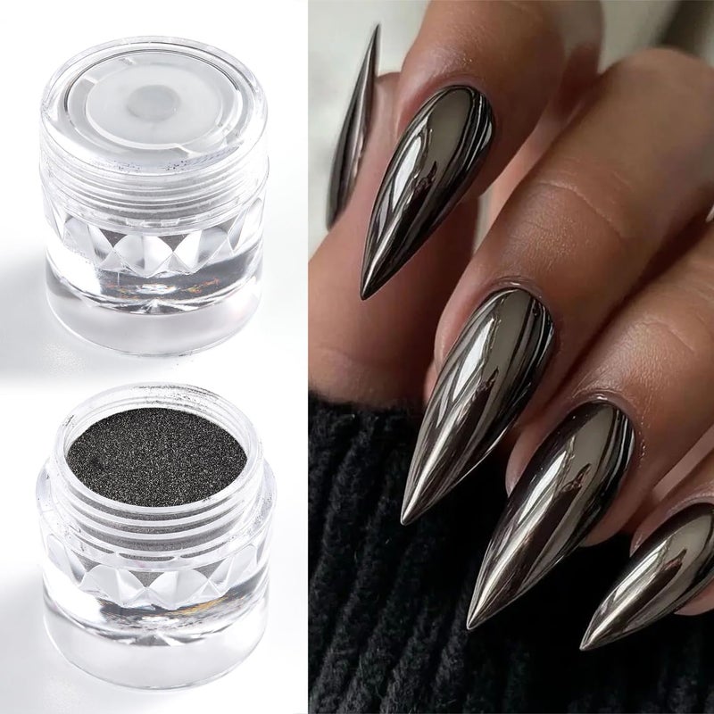 furtherpretty Black Silver Bronze Chrome Nail Powder Set, Gunmetal Chrome Pigments for Goth Armor Nails, Metallic Mirror Effect Nail Powder for Y2K Punk Nail Art & Manicure Decoration Accessories - Image 1